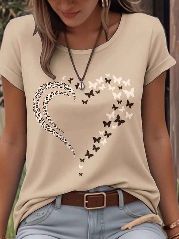 Leopard Print, Heart & Butterfly Pattern Crew Neck Short Sleeve Plus Size T-Shirt