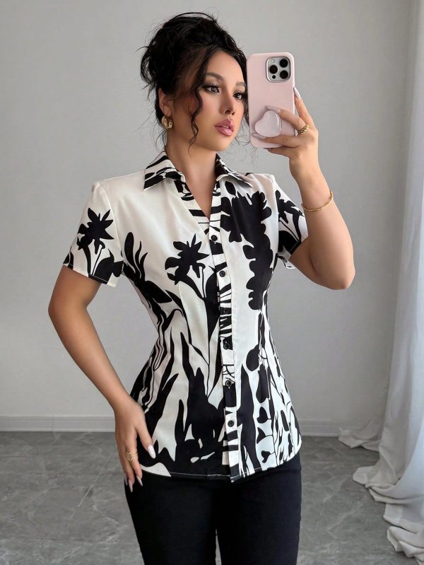 Women's Waist Cinched Floral Print Short Sleeve Shirt