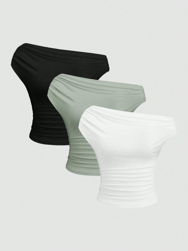 Versatile Comfortable Solid Color Asymmetrical Neck Short Sleeve Cropped T-Shirt, Slim Fit Diagonal Collar