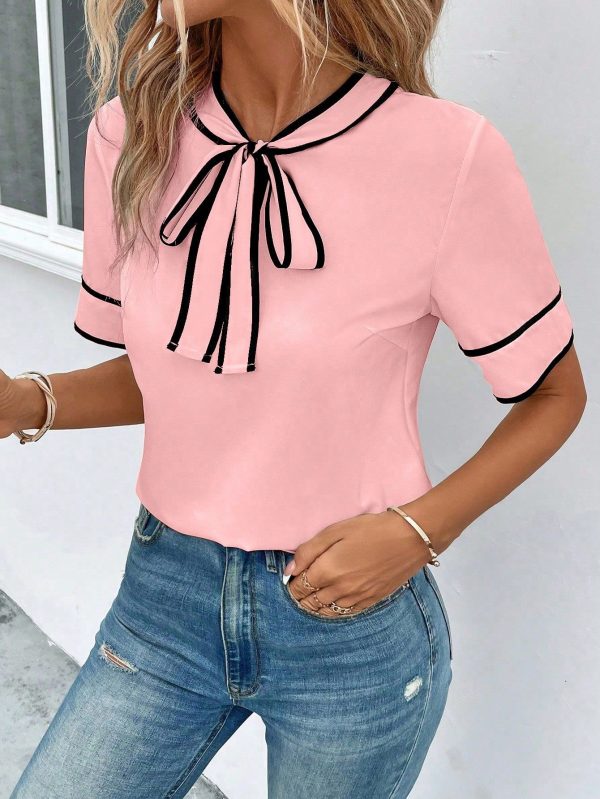 Summer Casual Color Block Trim Collar Tie Front Shirt
