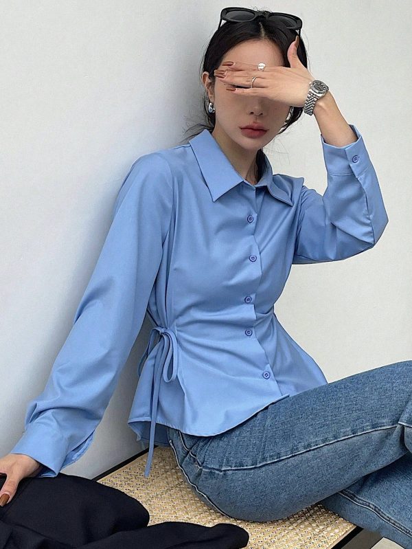 Solid Color Business Casual V-Neck Long Sleeve Cinched Waist Women Blouse,Long Sleeve Tops