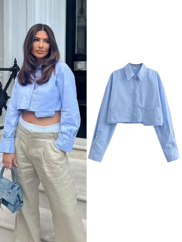 TRAF Women's Cropped Shirt Fashion Woman Blouse 2024 White Blue Striped Shirts and Blouses Autumn