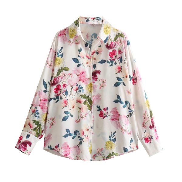 Zingj New Silk Satin Printed Loose Casual Shirt 2248802 Pink-M