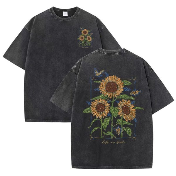 Lift Is Good Beautiful Sunflower Butterfly Print Washed T Shirts Women Soft Cotton T-Shirt Street