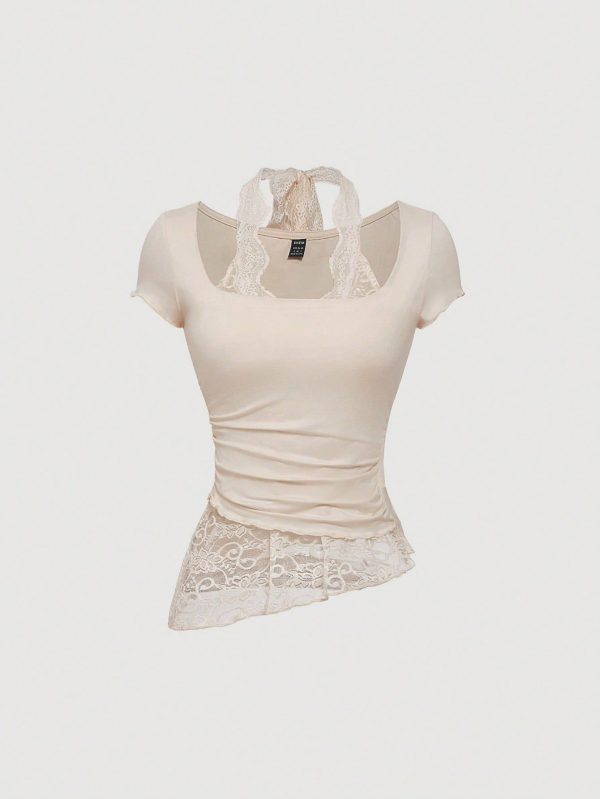 Women Knit Patchwork Lace Asymmetrical Hem Fold Collar Lace Trim Tie Neck Fitted T-Shirt