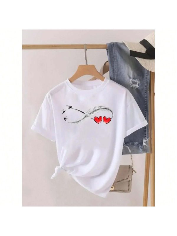 Love Heart Feather Women Fashion Clothing Graphic T-Shirts Clothes Print Female Shirt Short Sleeve Lady Casual Tee