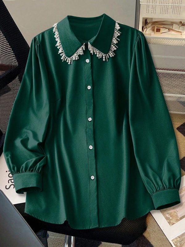 Plus Size Button Front Long Sleeve Simple Casual Shirt, Everyday Wear Peter Pan Collarcollar Shirtpearl Topblack Blousesblouse Black