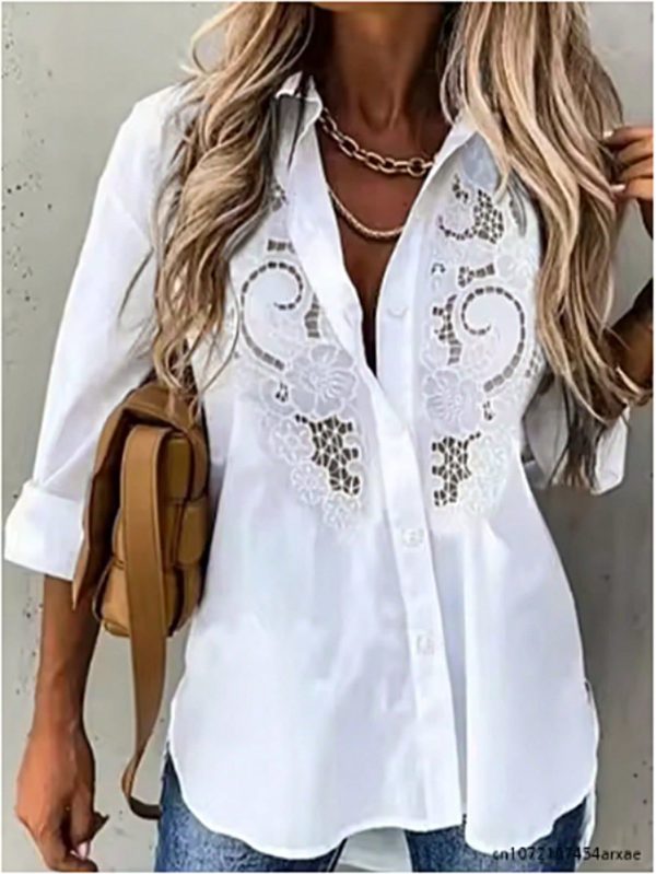 Plus Size Women's Solid Color Embroidered Casual Shirt, Spring/Summer