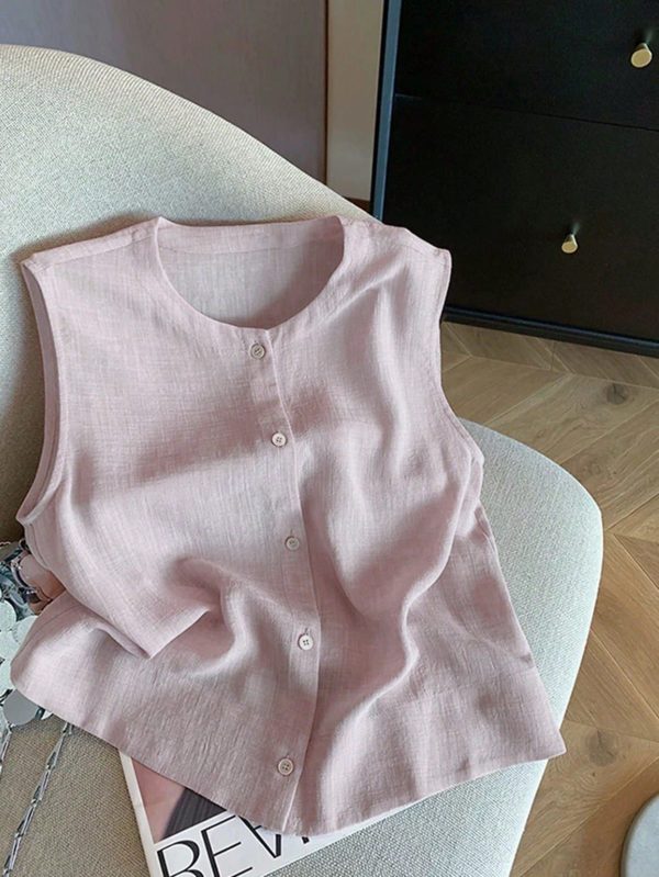 Women Plain Round Neck Single Button Sleeveless Casual Shirt