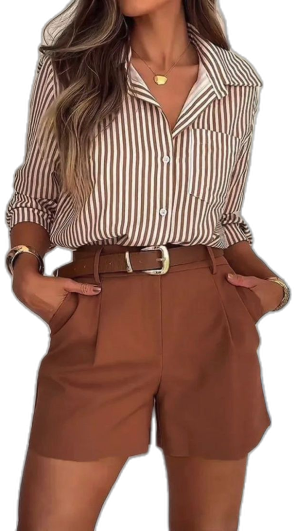 Women's Casual Striped Printed Shirt + Shorts Two-Piece Set