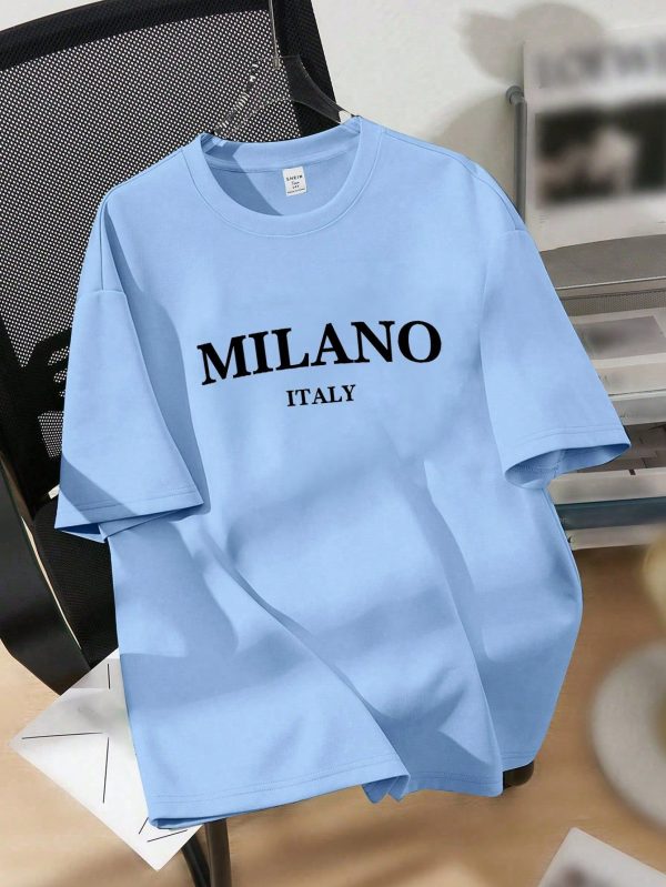 Oversized Casual Minimalist Milano English Graphic Round Neck Short Sleeve Loose T-Shirt, Suitable For Summer