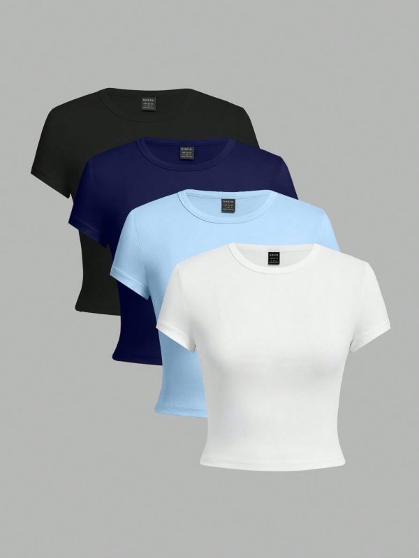4pcs Casual Round Neck Short Sleeve Form-Fitting Women T-Shirts, Suitable For Summer