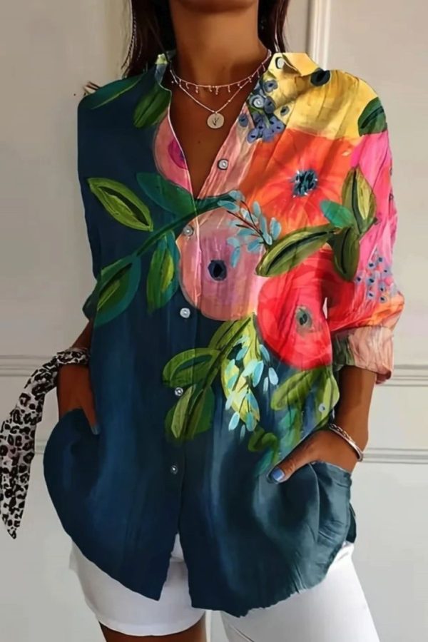 Women'S Casual Floral Print Polyester Blouse with Lapel Collar