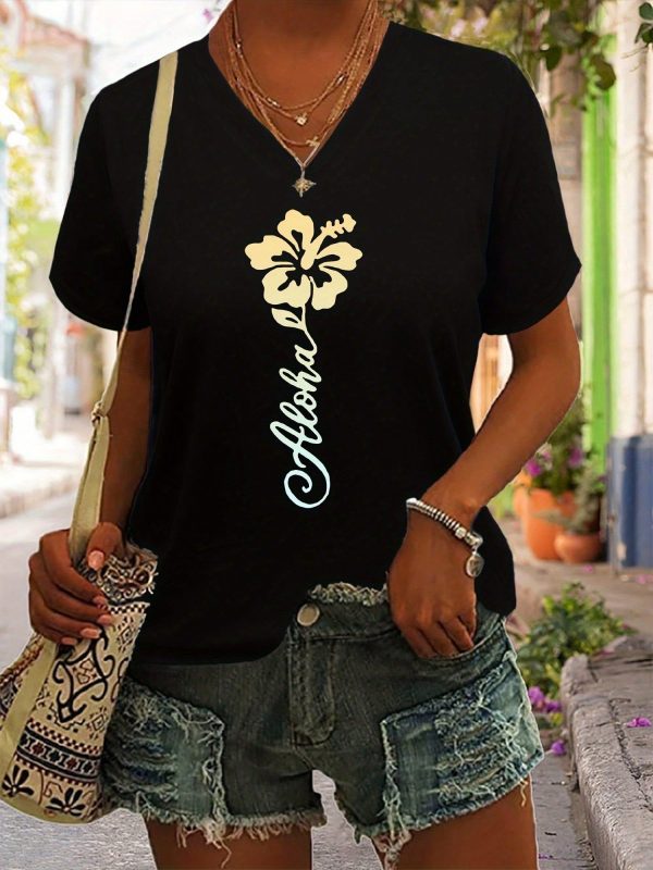 Women's Floral Print T-Shirt, Casual V-Neck Short Sleeve Top, Knitted Fabric, Regular Length Spring Summer Autumn Clothing