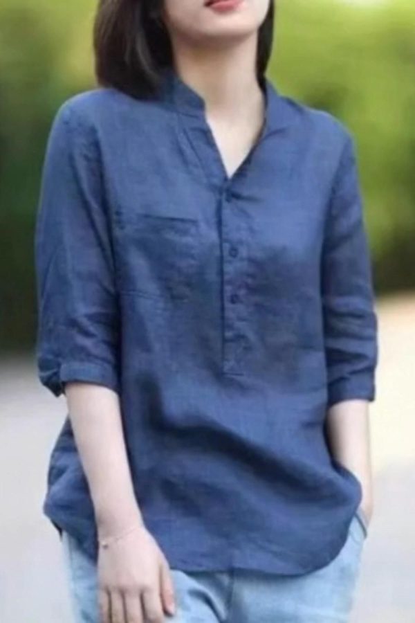 Linen Half Sleeve Shirt Stand Collar Blouse