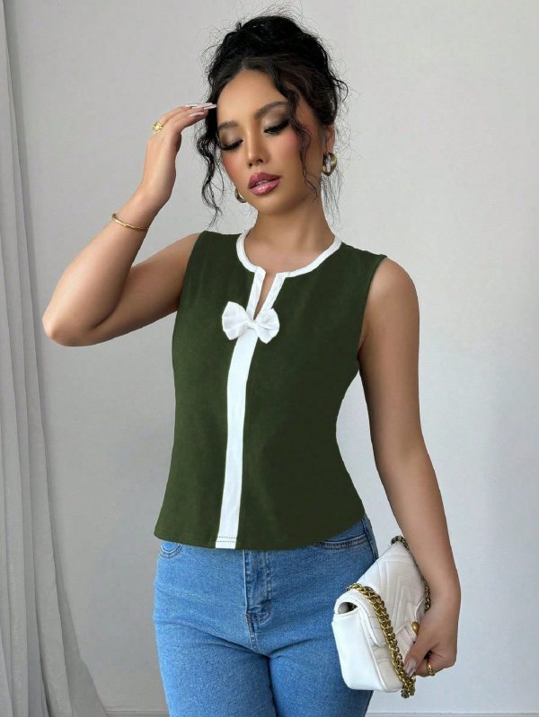 Women's Sleeveless Bow Knit Contrast Casual Tank Top Graphic Tees Women Tops