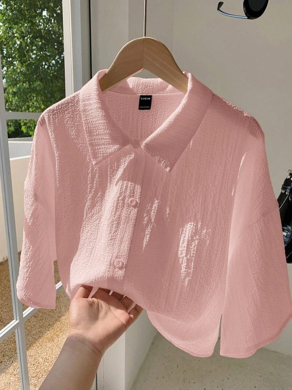 Valentine's Day,Plus Size Women Button Down Casual Short Shirt, Pink Color, Versatile