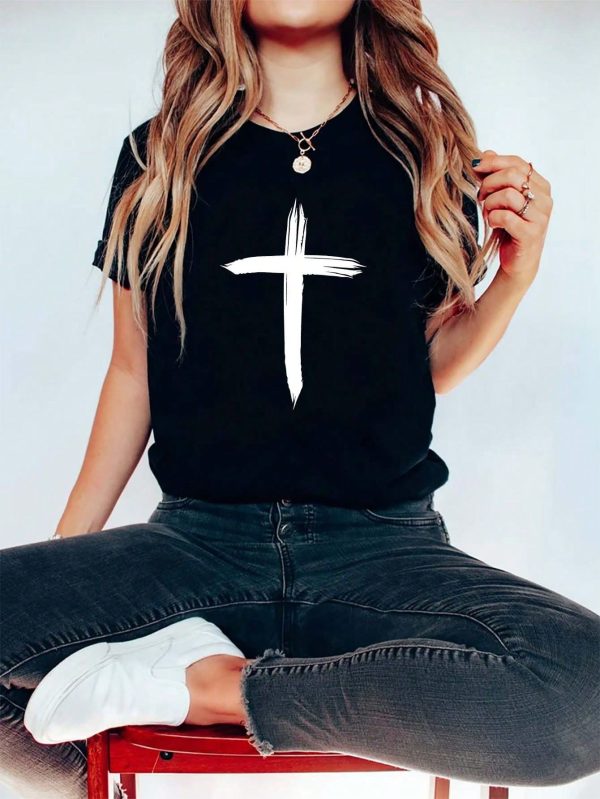 CrossGraphic Print T-Shirt, Short Sleeve Crew Neck Casual Top For Summer & Spring, Women's Clothing
