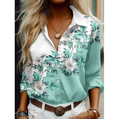 Women's Shirt Floral Graphic Casual Long Sleeve Shirt Collar Regular Tops Work Daily Buttons Print Pink Blue Green Spring Fall Winter