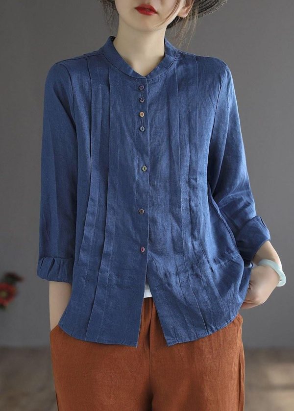 Women Yellow Elegant Button Fall Top Long Sleeve Linen - Blue/Ships In 24 Hours / XL(Fit for EU 44-46, US 12-14, UK/AU 16-18, IT 48-50)