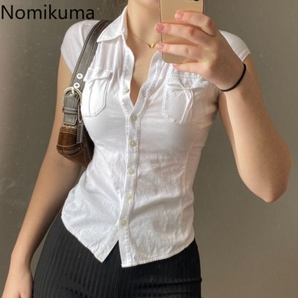 Tunic White Blouse for Women 2025 Blusas Mujer De Moda Crop Tops Single Breasted Slim Waist Shirts