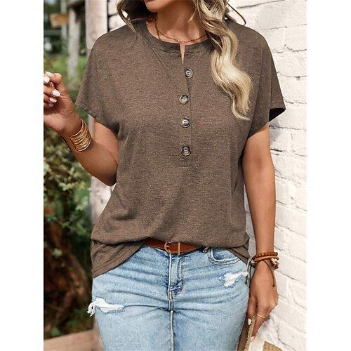 Women's T Shirt Plain Fashion Modern Casual Short Sleeve V Neck Regular Tops Daily Weekend Patchwork Buttons Pink Blue Brown Green Summer Spring