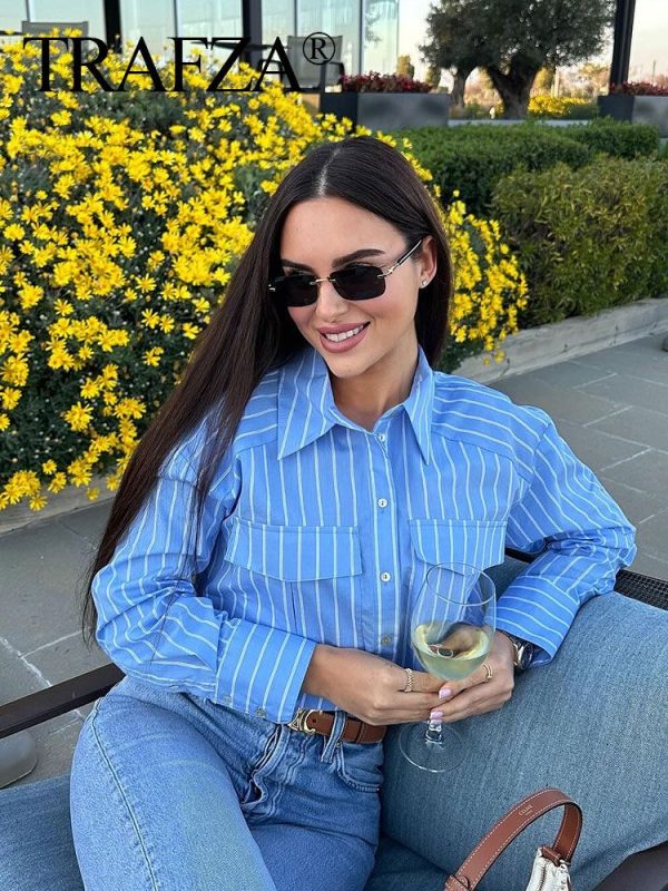 TRAFZA 2024 Summer Causal Striped Blouse For Women Long Sleeve Lapel With Front Pocket Single
