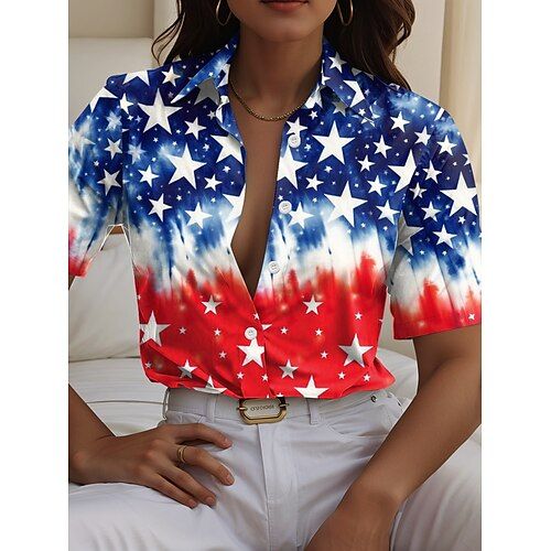 Independence Day Women's Shirt Graphic Flag Daily Stylish Short Sleeve Shirt Collar Regular Tops Daily Holiday Blue Summer Spring