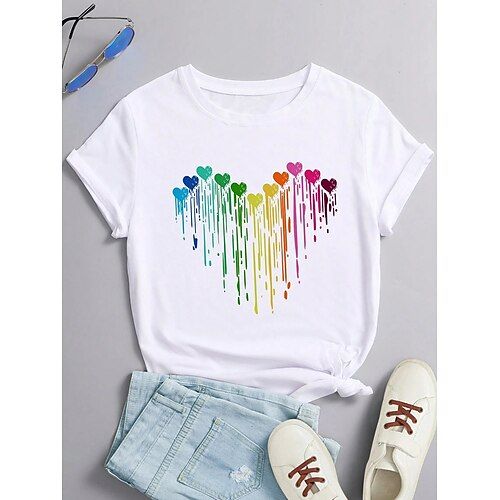 Women's T Shirt Heart Casual Short Sleeve Round Neck Regular Tops Daily Print White Summer