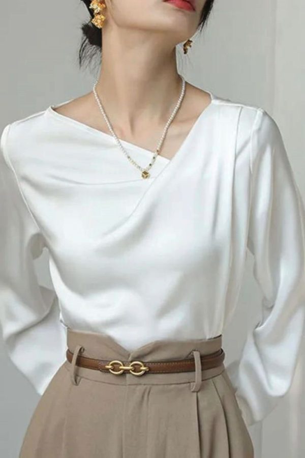 Long Sleeves Loose Asymmetric Pleated Solid Color Split-Joint V-Neck Blouses&Shirts Tops
