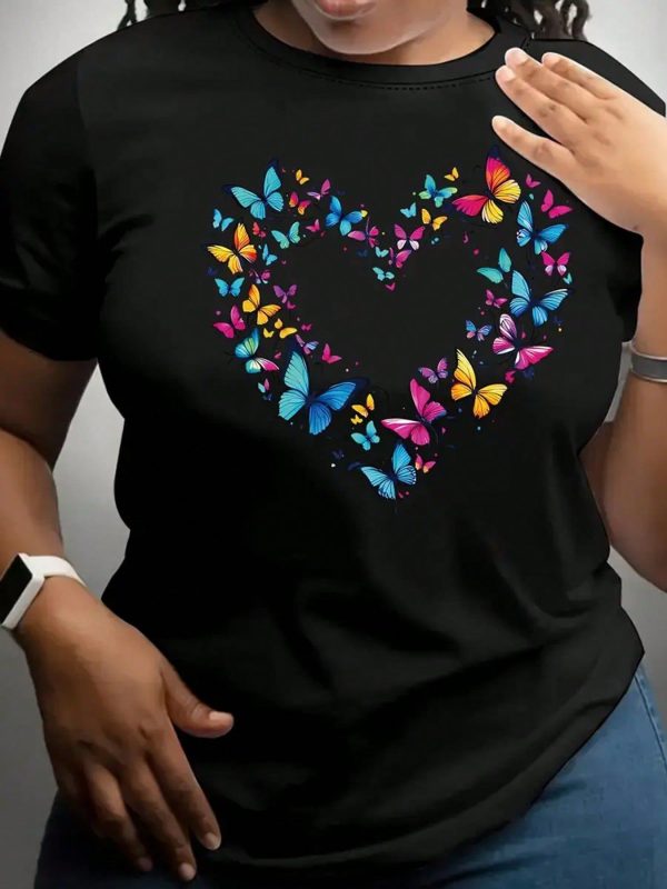 Butterfly Heart Pattern Printed Short Sleeves, Women's T-Shirt Casual Round Neck Tops, Soft And Breathable Suitable For Outdoor Sports Comfortable Clothing