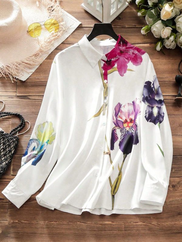 Top-End Women's Elegant Commuting Button-Down Shirt With Flower Prints, Suitable For Vacation Wear. It Is Perfect For Spring And Summer Seasons And Also Ideal For Casual Occasions. Summer Top.