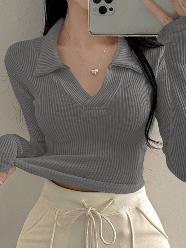 Women's Solid Color Long Sleeve Ribbed Casual Collar T-Shirt