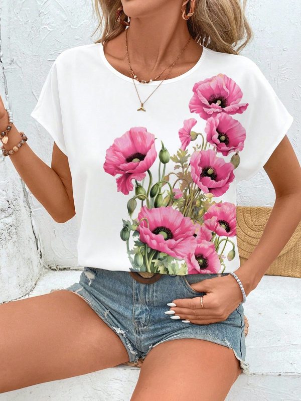 Casual Simple Design Round Neck Blouse For Women, Suitable For Summer