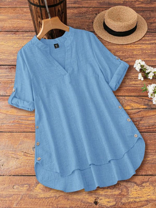Plus Size Women's Solid Color V-Neck Short Sleeve Casual Shirt