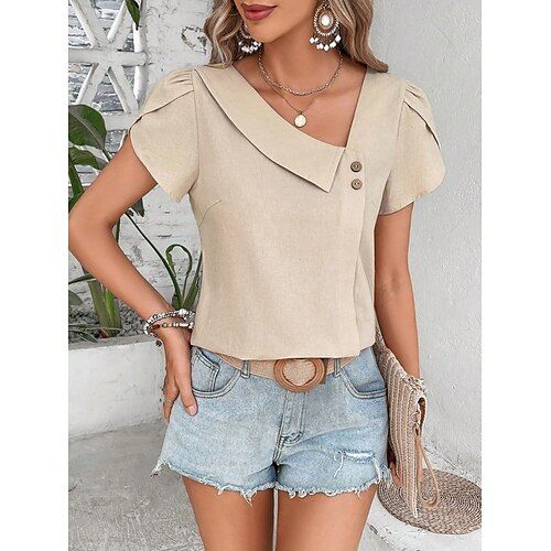 Women's T Shirt Plain Fashion Modern Casual Short Sleeve V Neck Regular Tops Daily Weekend Buttons Black Navy Blue Orange Green Beige Summer