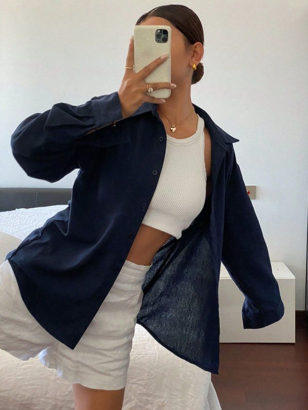 Women's Solid Color Casual Versatile Loose Fit Long Sleeve Turndown Collar Pocket Blouse, Suitable For Spring And Summer
