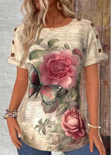 Light Camel Button Floral Print Short Sleeve T Shirt