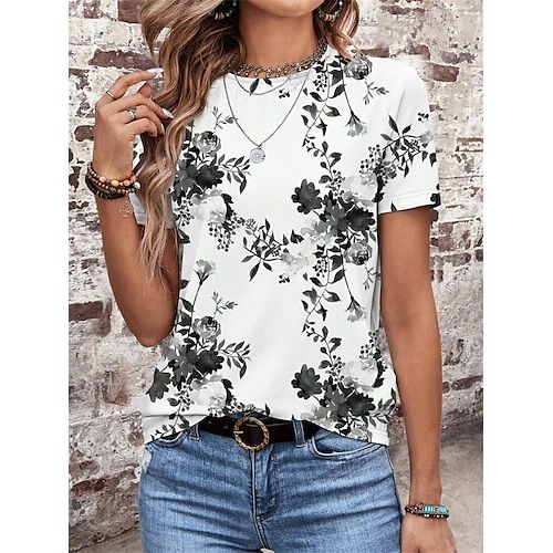 Women's T Shirt Floral Casual Short Sleeve Round Neck Regular Tops Daily Print White Summer