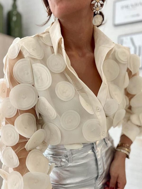 2024 New T-shirt for Women Hollowed Long Sleeves Appliqued Lapel Shirt Urban Female Stylish Loose
