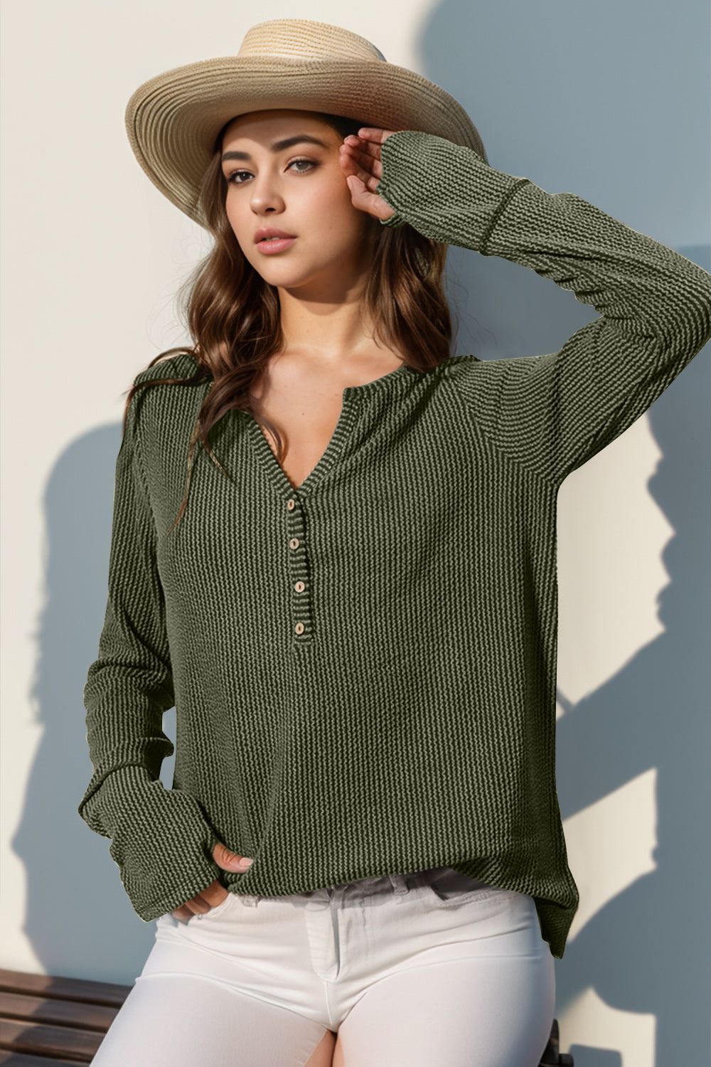 Hazel Blues® |  Double Take Notched Thumbhole Long Sleeve T-Shirt - Caramel / 2XL