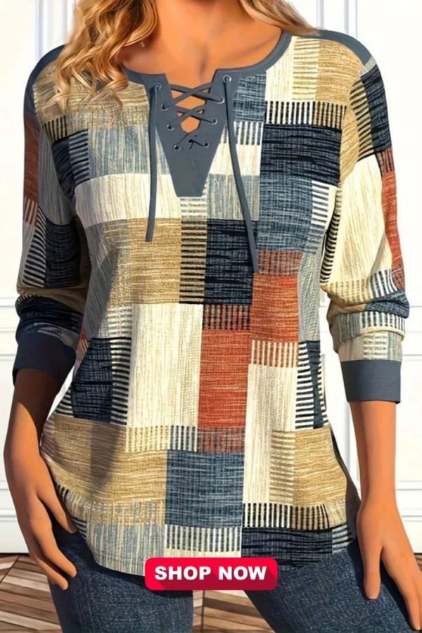 Women's Plus Colorblock Stripe Print Long Sleeve Round Neck Lace Up Slight Stretch T-shirt