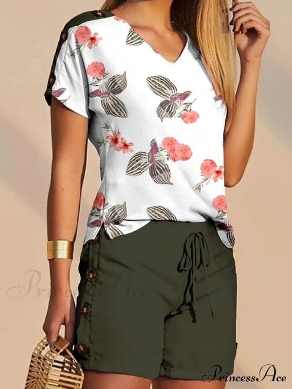 S Tee T Flowered White Shorts Sets Streetwear M Black Women's XL V Casual Neck Drawstring Design Baggy shirt L Daily 2XL - White (+US $1.05) S