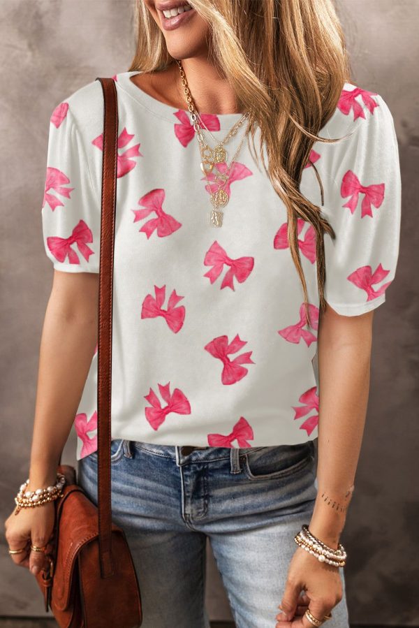Bow Round Neck Short Sleeve Blouse - White / S