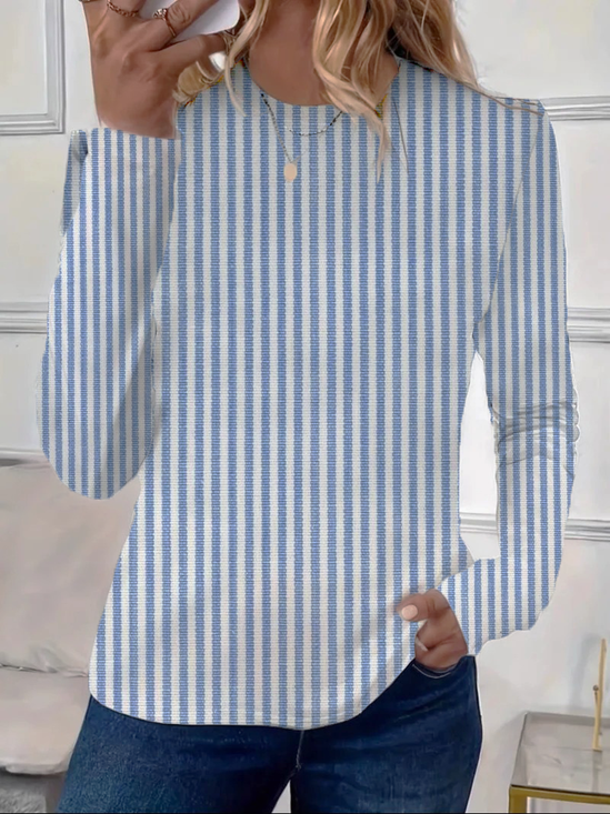 Women's Casual Striped Top Crew Neck Long Sleeve T-shirt Spring/Fall Printing Tee
