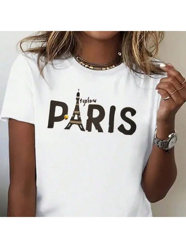 Paris Print Crew Neck T Shirt Casual Short Sleeve T Shirt For Spring Summer Womens Clothing
