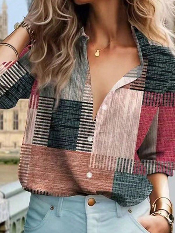 Plus Size Women Colorblock Button Print Long Sleeve Casual Retro Blouse