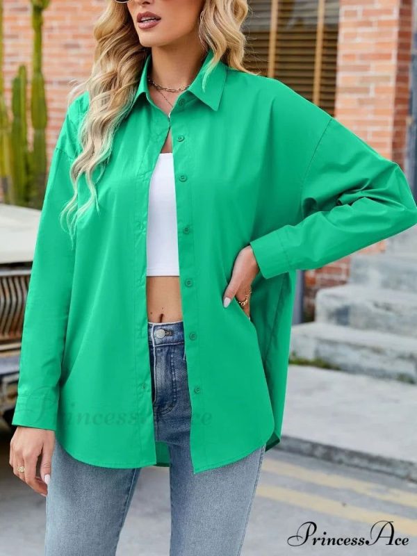 with Spring Blouse - Cotton Top Neckline Blouse Women's Colors Candy and Long 2024 Turn-down Elegant Sleeves - Green XL