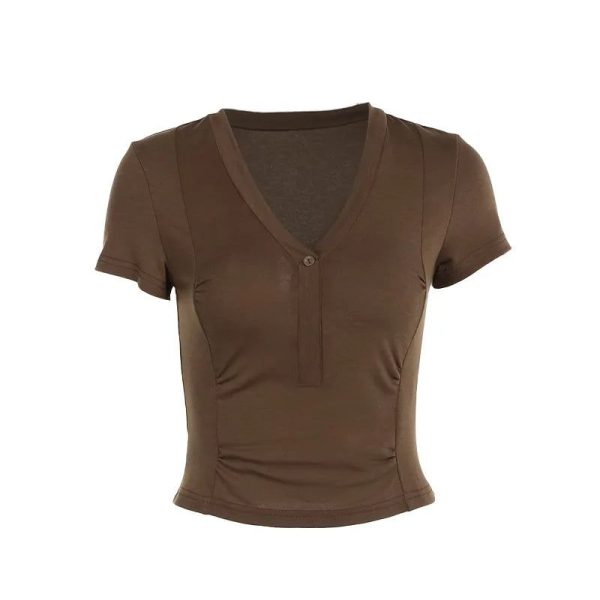 Button V-neck Short Sleeve T Shirts Summer 2000s Clothes Y2k Women Casual Basic Crop Tops Brown P66-BC11 - Brown / L