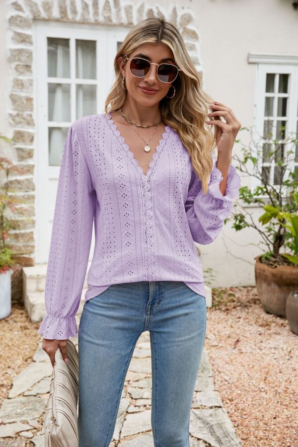 Eyelet Lace Trim Flounce Sleeve Blouse - Lavender / L